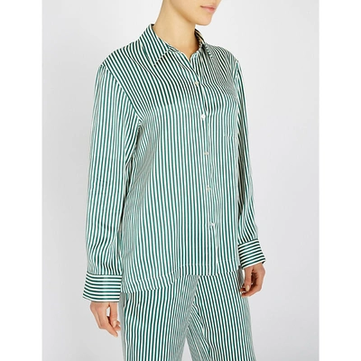 Shop Asceno Dense Line Silk-satin Pyjama Top In Bottle Green Dense Line