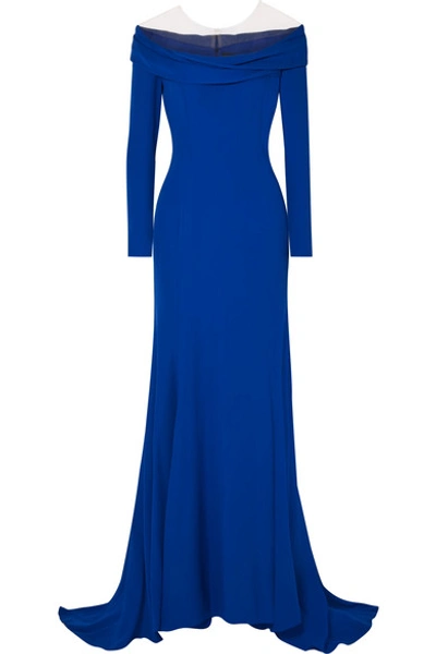 Shop Reem Acra Draped Off-the-shoulder Silk-crepe Gown In Cobalt Blue