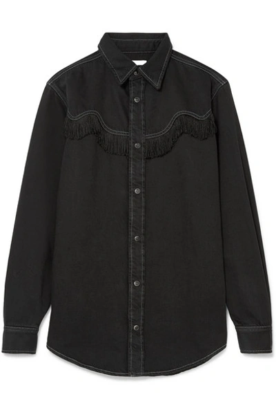 Shop Ganni Fringed Denim Shirt In Black