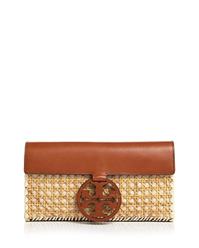 Shop Tory Burch Miller Rattan & Leather Clutch In Natural/gold