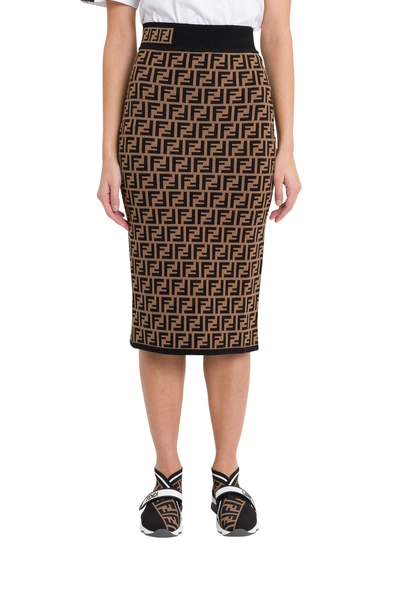 Shop Fendi Ff Knit Midi Skirt In Marrone