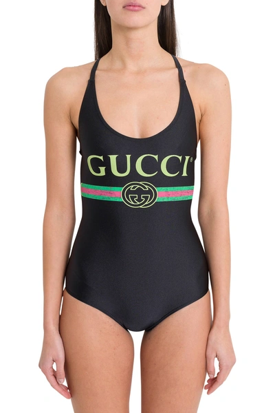Shop Gucci Sparkling Swimsuit With Logo In Nero