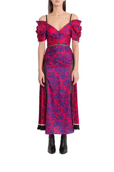 Shop Self-portrait Long Dress With Lace Inserts In Red
