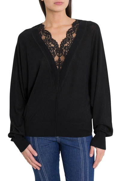 Shop Chloé Egg Shaped Swetaer With Lace Insert On The Neckline In Nero