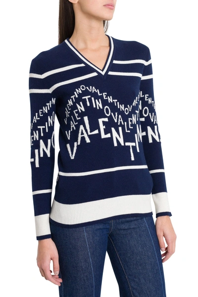 Shop Valentino Logo Intarsia Sweater In Blue