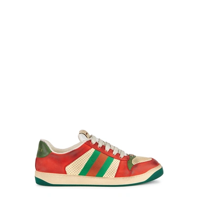 Shop Gucci Screener Distressed Leather Trainers In Red