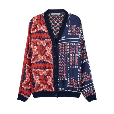 Shop Valentino Logo-print Silk Twill Cardigan In Navy