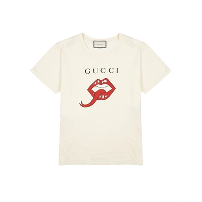 Shop Gucci Ecru Printed Cotton T-shirt In White