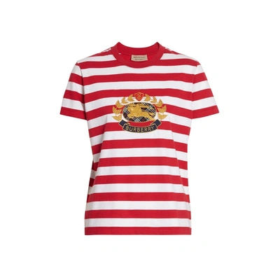 Shop Burberry Crest Applique Striped Cotton T-shirt In Cadmium Red