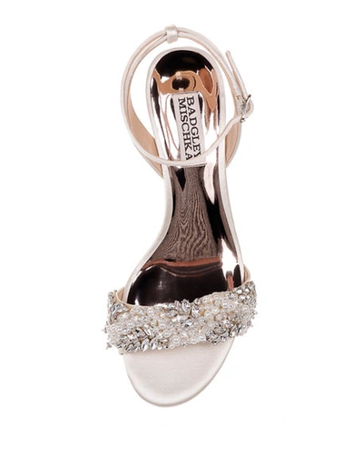 Shop Badgley Mischka Fiona Embellished Satin Kitten-heel Sandals In Champagne