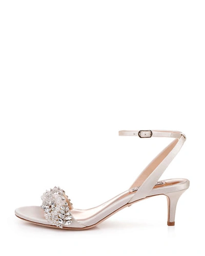 Shop Badgley Mischka Fiona Embellished Satin Kitten-heel Sandals In Champagne