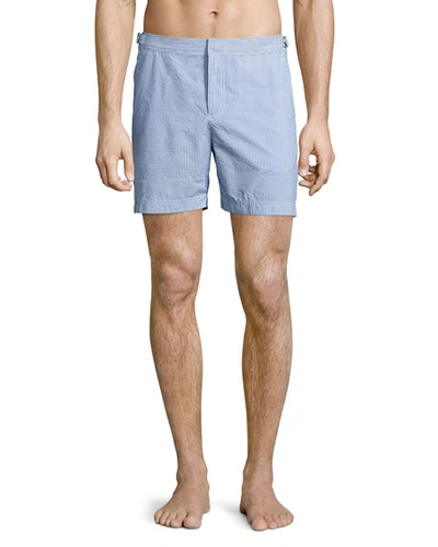 Shop Orlebar Brown Norwich Seersucker Swim Trunks In Navy