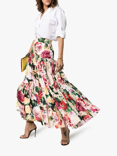 Shop Dolce & Gabbana Tiered Cotton Floral Maxi Skirt In Multicoloured