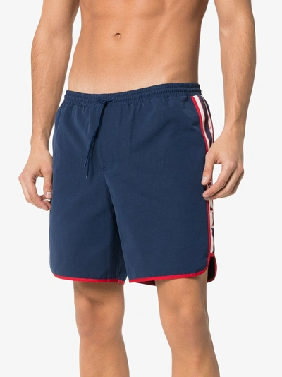 Shop Gucci Web Stripe Logo Swim Shorts In 4034 Blue