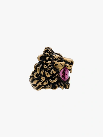 Shop Gucci Gold Tone Lion Head Crystal Ring In Pink