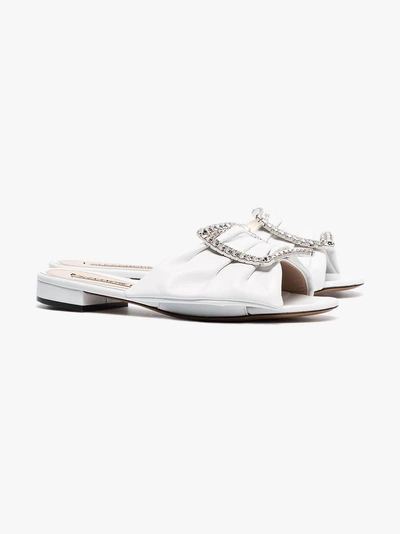 Shop Alexandre Vauthier White Lola Crystal Buckle Embellished Leather Sandals In 6000 White