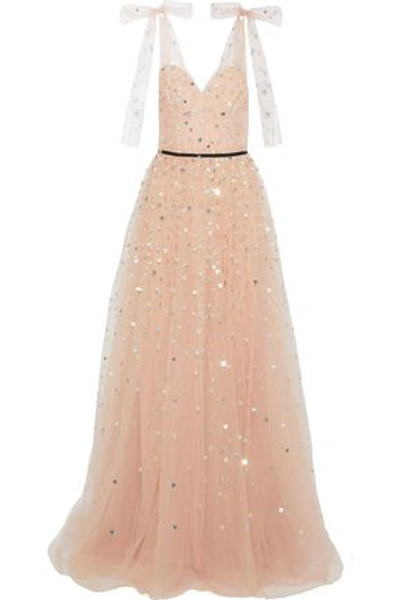 Shop Monique Lhuillier Bow-embellished Sequined Tulle Gown In Blush