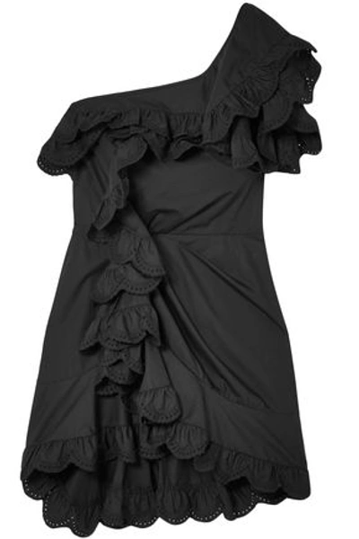 Shop Isabel Marant Woman One-shoulder Broderie Anglaise-trimmed Cotton Mini Dress Black