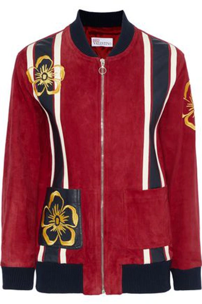 Shop Red Valentino Redvalentino Woman Leather-appliquéd Embroidered Suede Bomber Jacket Brick