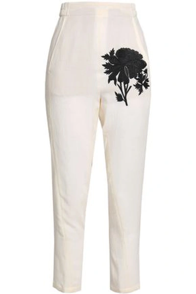Shop Ann Demeulemeester Woman Embroidered Crepe Tapered Pants Ivory