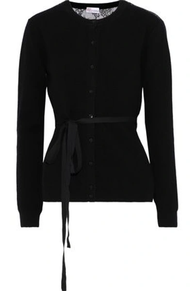 Shop Red Valentino Chantilly Lace-paneled Ribbed Wool Cardigan In Black