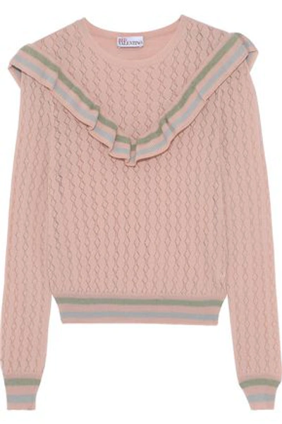Shop Red Valentino Redvalentino Woman Ruffle-trimmed Pointelle-knit Wool Sweater Blush