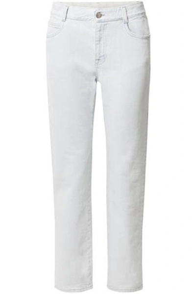 Shop Stella Mccartney Faux Leather-trimmed Mid-rise Straight-leg Jeans In Light Denim