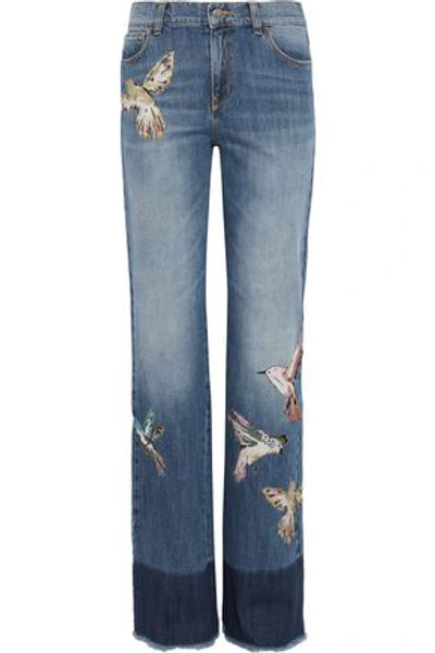 Shop Red Valentino Redvalentino Woman Appliquéd Faded High-rise Straight-leg Jeans Mid Denim