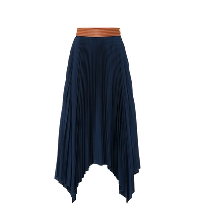 Shop Loewe Leather-trimmed Pleated Skirt In Blue