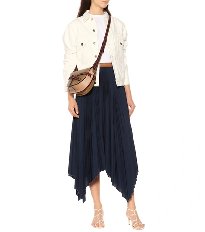 Shop Loewe Leather-trimmed Pleated Skirt In Blue