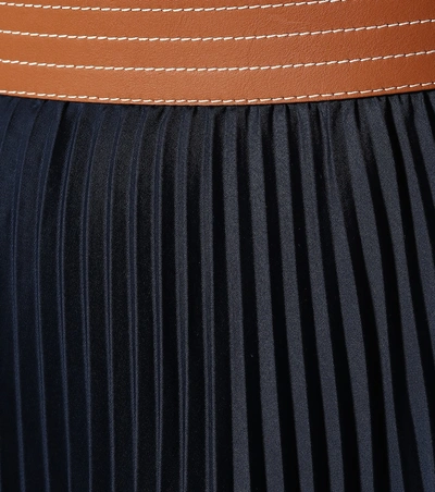 Shop Loewe Leather-trimmed Pleated Skirt In Blue