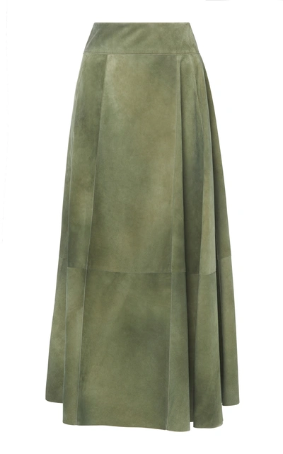 Shop Bottega Veneta Pleated Printed Leather Midi Skirt In Green