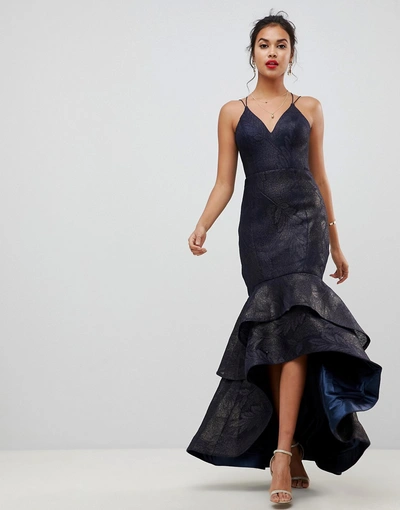 Shop Bariano Tiered Fishtail Mesh Maxi Dress In Navy