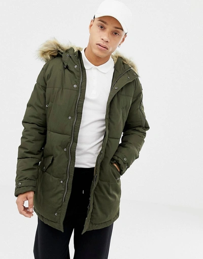 Shop Schott Lincoln 18x Quilted Hooded Parka Jacket Detachable Faux Fur Trim Slim Fit In Green - Green