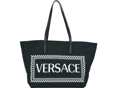 Shop Versace Logo Handle Tote Bag In Black