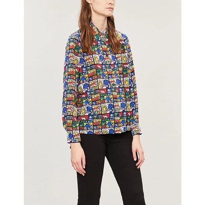 Shop Alice And Olivia Eloise Keith Haring-print Silk-chiffon Shirt