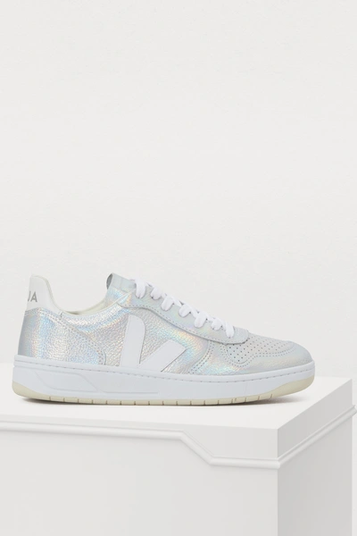 Shop Veja V-10 Metallic Leather Sneakers