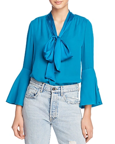 Shop Alice And Olivia Alice + Olivia Merideth Tie-neck Bell Sleeve Top In Teal