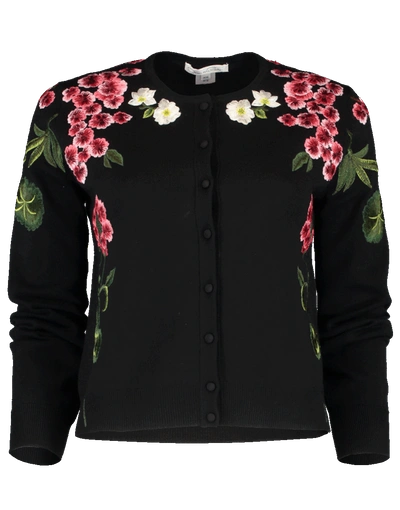 Shop Oscar De La Renta Floral Embroidered Cardigan In Black