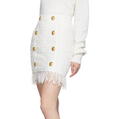 Shop Balmain White Fringed Tweed Miniskirt