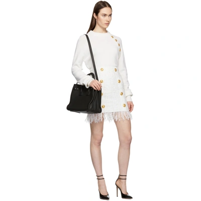 Shop Balmain White Fringed Tweed Miniskirt