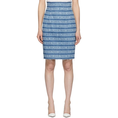 Shop Balmain Blue Denim Logo Stripes Skirt In Saa Mlti/bl