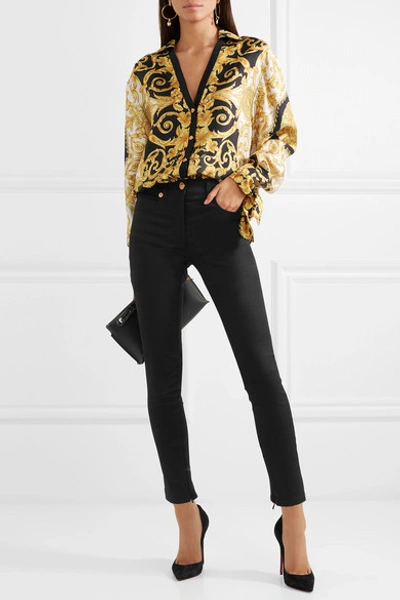 Shop Versace Printed Silk-charmeuse Blouse In Yellow