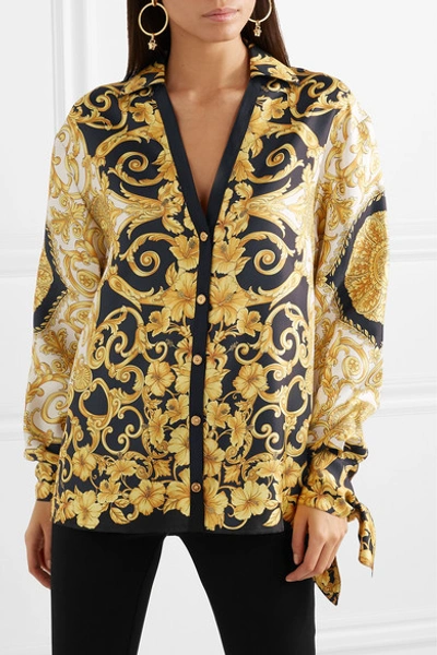 Shop Versace Printed Silk-charmeuse Blouse In Yellow