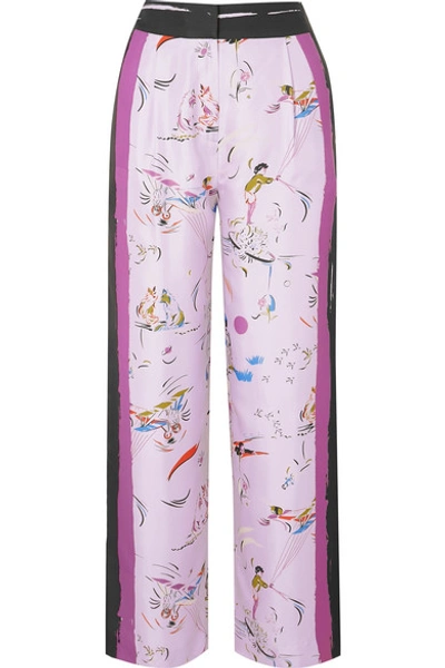 Shop Tory Burch Painted Border Printed Silk-twill Pants In Lilac