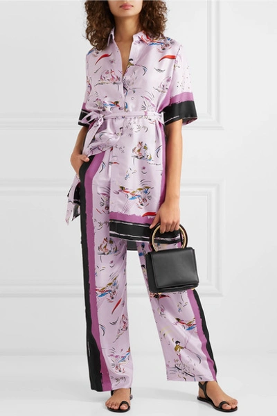 Shop Tory Burch Painted Border Printed Silk-twill Pants In Lilac
