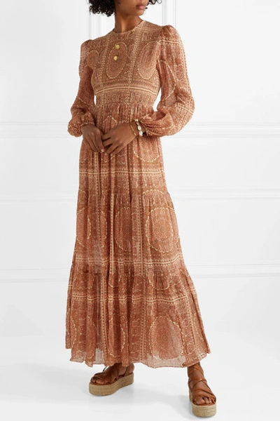 Shop Zimmermann Primrose Shirred Printed Cotton And Silk-blend Maxi Dress In Brick