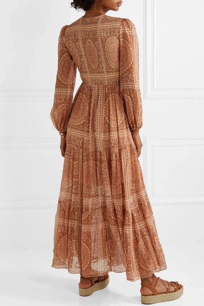 Shop Zimmermann Primrose Shirred Printed Cotton And Silk-blend Maxi Dress In Brick