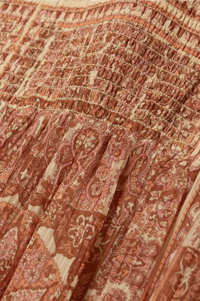 Shop Zimmermann Primrose Shirred Printed Cotton And Silk-blend Maxi Dress In Brick
