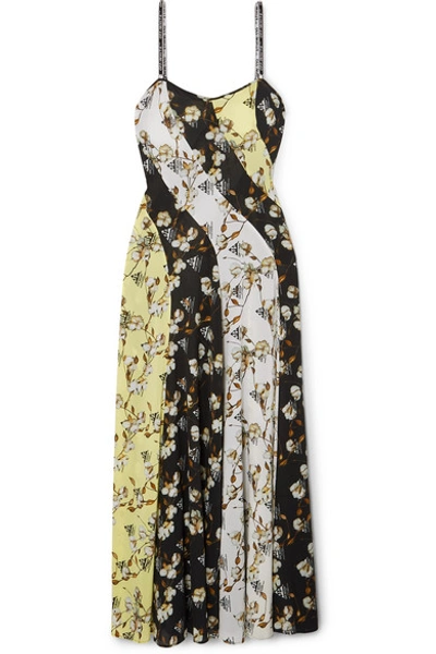 Shop Off-white Paneled Floral-print Intarsia-trimmed Crepe De Chine Maxi Dress In Black